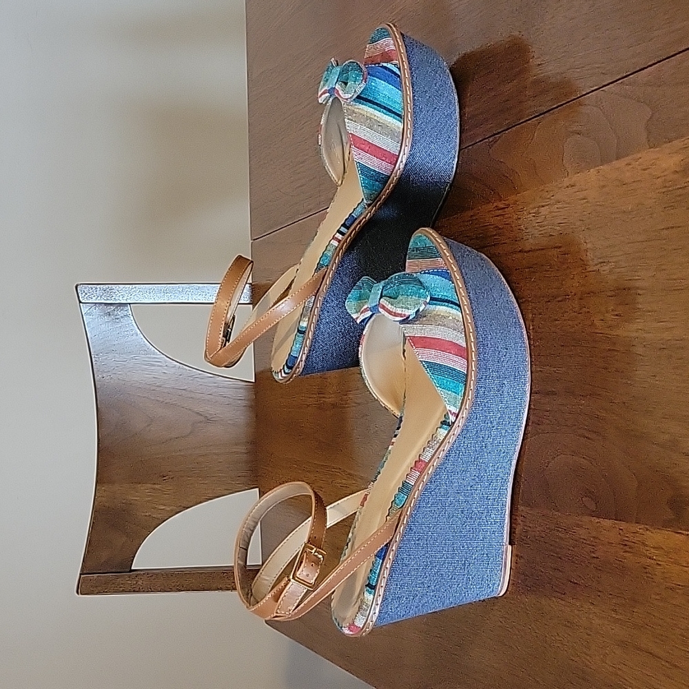 Anthropolgie Miss Albright platform wedge denim rainbow bow heels